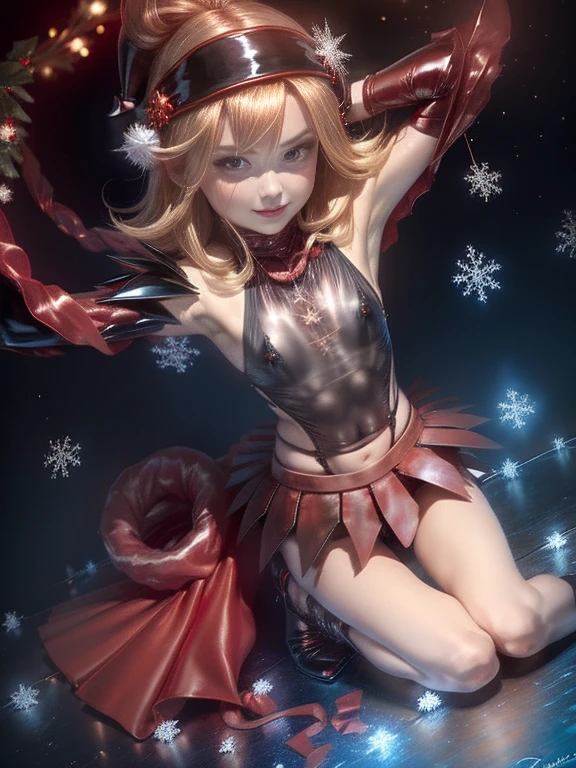 Dark magician Gilles in a red dress,((See through)), Very detailed, Rubio,(((Tiny mini skirt))), ((Skirt flip)),(((I can see Tanga))),smile, blue eyes, Realist, Red High Heels, (((Christmas))), Neckline, ((Christmasツリー, gift)), cabello Rubio, 魔法のChristmas. Seductive and sensual poses.