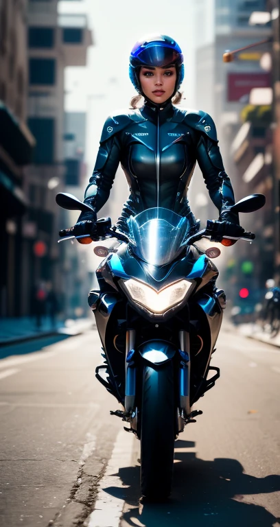 A female cyborg riding a high-tech motorcycle on the street, best quality, high quality, magnificent body, beautiful anatomy, (natural skin textures, hyperrealistic, soft light, spicy:1.2)