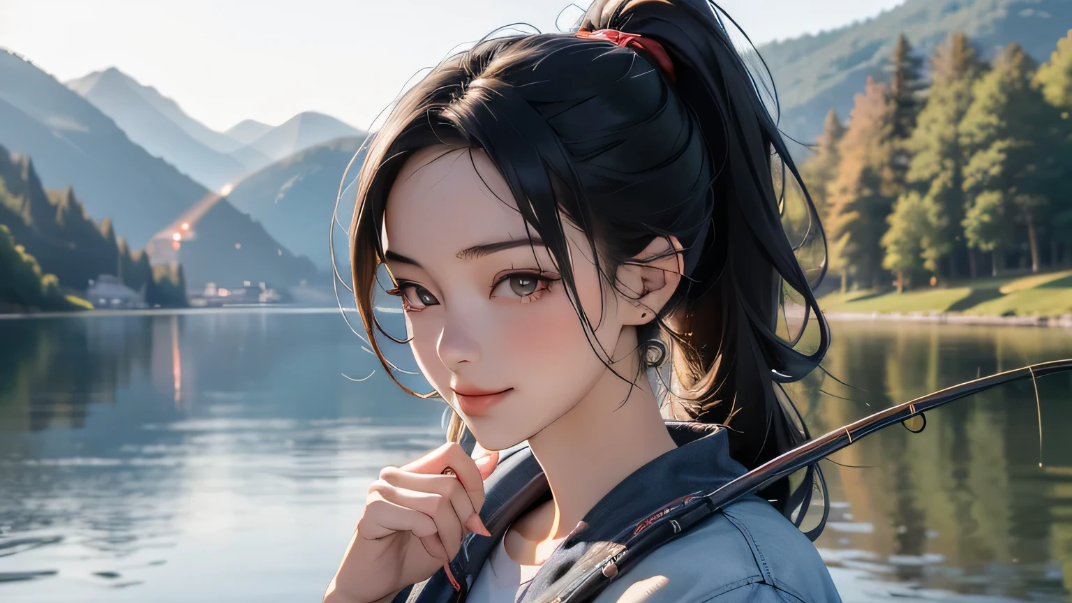 8k, highest quality, super high resolution, 1 woman, ponytail, 21 years old, E cup, (with a girl), highest quality beautiful girl, outdoor, full body, fishing rod in hand, mouth slightly open, realistic, very Detailed CG integrated 8k wallpaper, highly detailed, high resolution RAW color photography, professional photography, realistic portrait, cinematic light, beautiful and detailed female, 21 years old, (D cup:1.1), ( Best Quality: 1.4), Super Detail, High Quality, , City Scenery, ((Masterpiece)), Best Quality, Upper Body, Japanese Woman, 1 Girl, Smile, Smile (Masterpiece), (Highest Quality), (Very (Detailed), Generates images of girls (masterpiece: 1.2, highest quality), (Realistic, photorealistic: 1.4), Beautiful illustrations, (Natural side lighting, Cinematic lighting), View with caution, Viewers See,(((Prepare fishing rod and reel by the lake: 1.1))),((Best quality, Masterpiece: 1.3)),1 Japanese mature woman, black hair, ponytail, long eyelashes, round eyes, light smiling, casting shadows, atmospheric perspective, 8k, super detail, accurate, top quality, middle chest, red hoodie, white t-shirt , navy blue jeans, fishing rod, fishing,