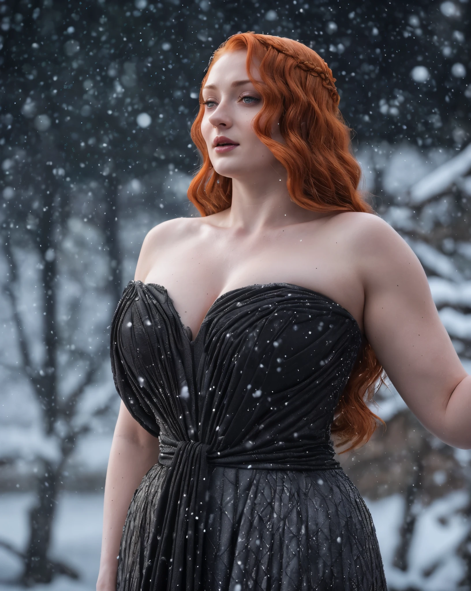 Face of Sophie Turner, Sansa Stark played by Sophie Turner, the de facto Lady of the Eyrie, is a 40-year-old mature queen with a stunning, alluring appearance. Full Face, pierced eyes, reddish lips, upper body shot, erotic Mediaeval costumes, game of thrones costumes, She wears a Game of Thrones-inspired costume and has a deep cleavage, a perfect thick body, and a perfect thick figure. The photograph captures her in a close-up, with her skin texture and facial features being ultra-realistic and realistic. Juicy thick figure, high quality skin, Skin pores, amazing details, snow, snow flakes, semi realistic, extremely detailed eyes, dark moody orange and black settings, cool environment, artificial intelligence, winter, winter scene, 
