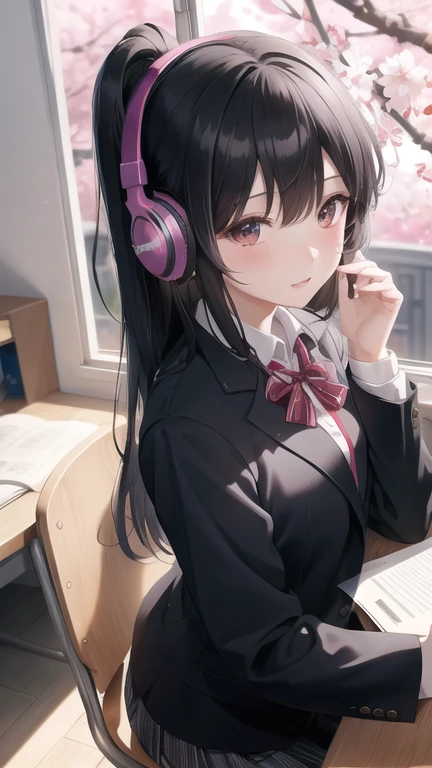 A beautiful black-haired high school girl studying at her desk while listening to music with headphones in her room、Blazer uniform、Outside the warmly lit room, cherry blossoms are blowing wildly.、Japanese anime style、