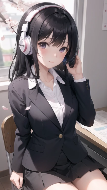 A beautiful black-haired high school girl studying at her desk while listening to music with headphones in her room、Blazer uniform、Outside the warmly lit room, cherry blossoms are blowing wildly.、Japanese anime style、