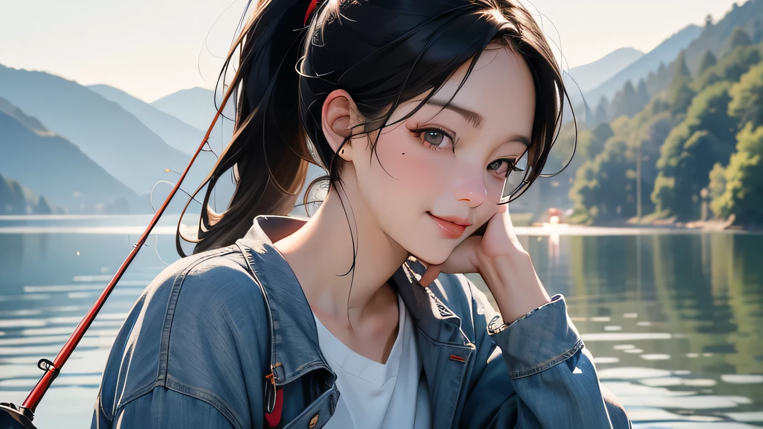 8k, highest quality, super high resolution, 1 woman, ponytail, 21 years old, E cup, (with a girl), highest quality beautiful girl, outdoor, full body, fishing rod in hand, mouth slightly open, realistic, very Detailed CG integrated 8k wallpaper, highly detailed, high resolution RAW color photography, professional photography, realistic portrait, cinematic light, beautiful and detailed female, 21 years old, (D cup:1.1), ( Best Quality: 1.4), Super Detail, High Quality, , City Scenery, ((Masterpiece)), Best Quality, Upper Body, Japanese Woman, 1 Girl, Smile, Smile (Masterpiece), (Highest Quality), (Very (Detailed), Generates images of girls (masterpiece: 1.2, highest quality), (Realistic, photorealistic: 1.4), Beautiful illustrations, (Natural side lighting, Cinematic lighting), View with caution, Viewers See,(((Prepare fishing rod and reel by the lake: 1.1))),((Best quality, Masterpiece: 1.3)),1 Japanese mature woman, black hair, ponytail, long eyelashes, round eyes, light smiling, casting shadows, atmospheric perspective, 8k, super detail, accurate, top quality, middle chest, red hoodie, white t-shirt , navy blue jeans, fishing rod, fishing,