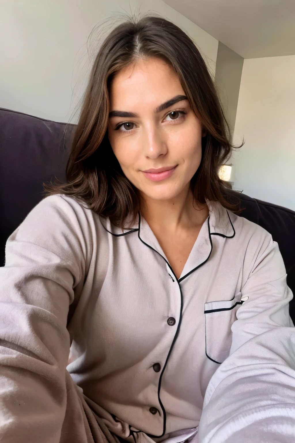 ((best quality)), ((masterpiece)), (detailed), perfect face,femme brune selfie,, with tea in hand and pajamas