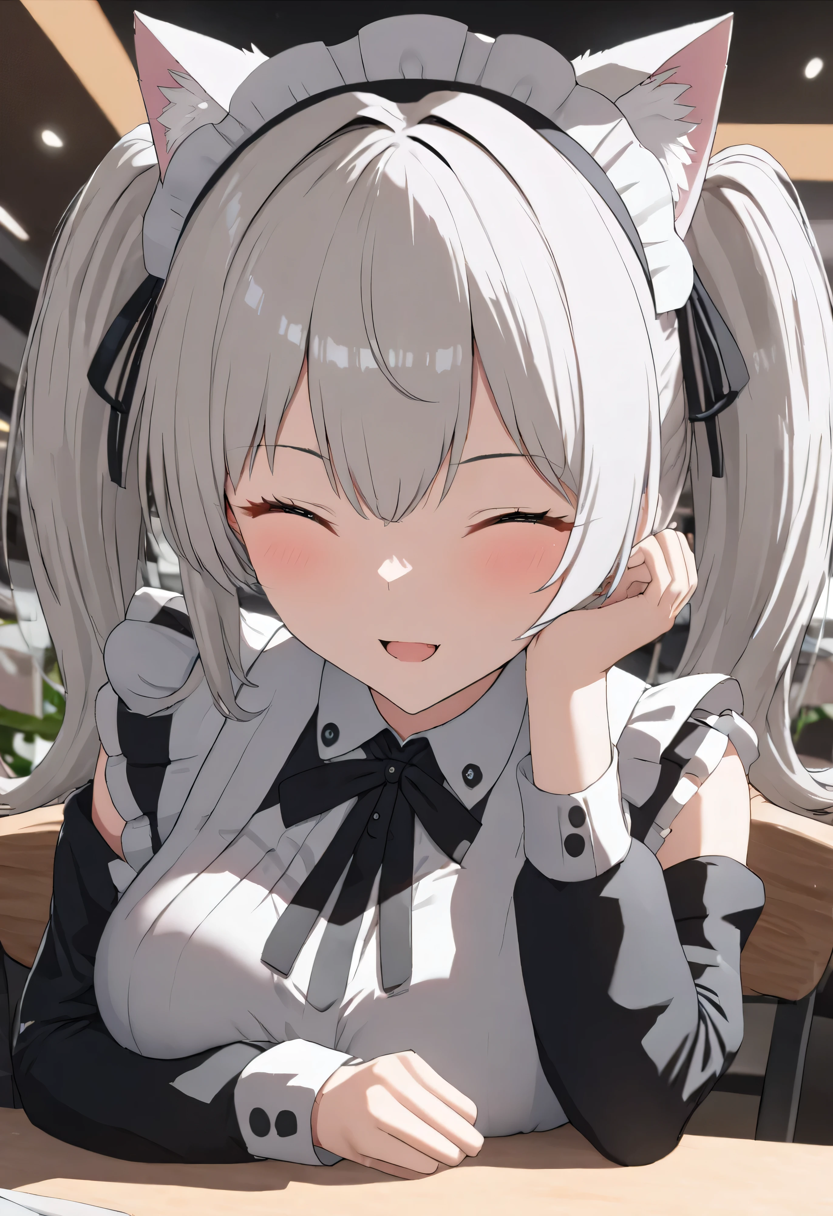 (((best quality ultra-detailed,unity 8k))),1 girl,smile,close eye,,Shiny Hair,(((twin drill))),silver hair,(cat ear classical maid),maid Cafe,