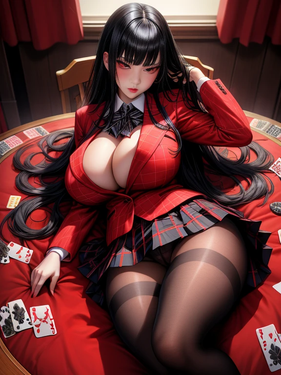 Realistic, One girl, Long black hair, Red eyes, Glowing Eyes, Red blazer, Black plaid skirt, pantyhose, blush, Poker Table、Camel Toe、Giant tit、Nipple Puffs、Cleavage、Plump、Super big breasts、Super big butt、Kakegurui、calm、