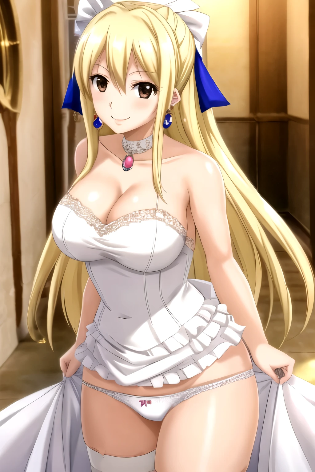 Lucy Hartfilia, 1 Girl, Solitary, Blonde hair, Brown eyes, Long hair, earrings, jewelry, Smile, hair ribbon, wedding dress, bride, show underwear