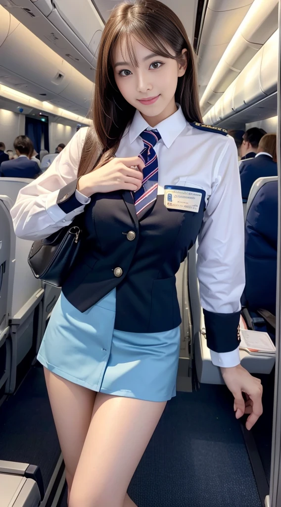 highest quality, masterpiece, 8k, 超A high resolution, (Photorealistic:1.4), One Girl、（Beautiful Face、Symmetrical eyeedium breast）、Perfect Body Proportions、（Stewardess Uniform）、Look at the viewers、(Inside the plane:1.2)、View from the front、shoulder、Absolute area(1.3)、（Laughter）　（セクシーStewardess Uniform）、　 ((Micro Mini Skirt:1.3)) 、Sexy pose、((（Stewardess Uniform）))