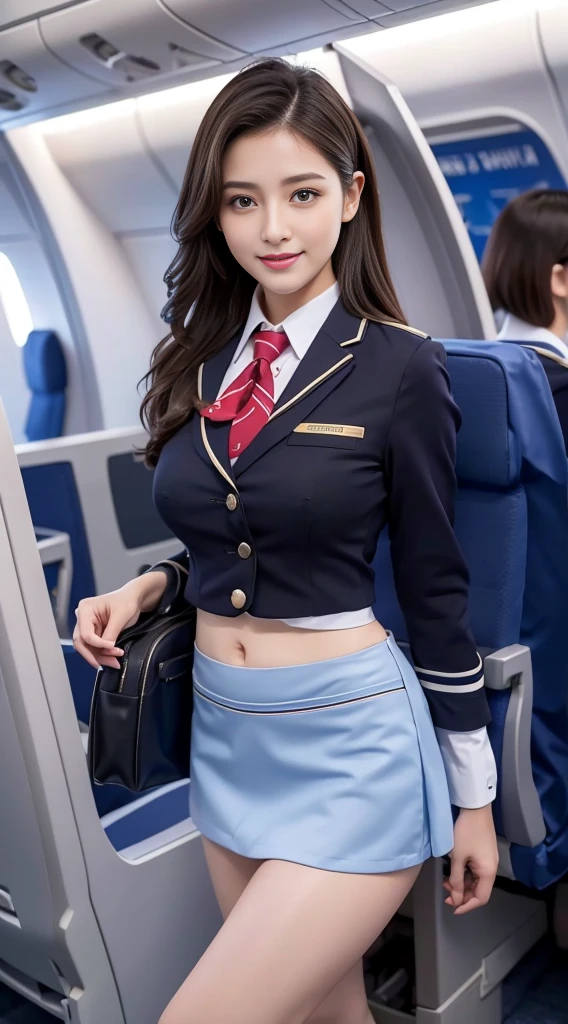 highest quality, masterpiece, 8k, 超A high resolution, (Photorealistic:1.4), One Girl、(Beautiful Face、Symmetrical eyeedium breast)、Perfect Body Proportions、(Stewardess Uniform)、Look at the viewers、(Inside the plane:1.2)、View from the front、shoulder、Absolute area(1.3)、(Laughter) (セクシーStewardess Uniform)、 ((Micro Mini Skirt:1.3)) 、Sexy pose、(((Stewardess Uniform)))