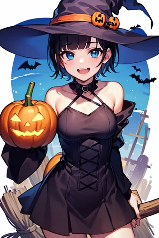 ((1 beautiful girl)), ((solo:1.3)),((blunt bangs)),((black hair)),((Blue eyes)), ((shoulder length hair:1.2,short hair)),************, (laughing:1.3), standing, (small breast:1.3), (halloween, witch cosplay, jack o lantern, broom stick:1.3), 