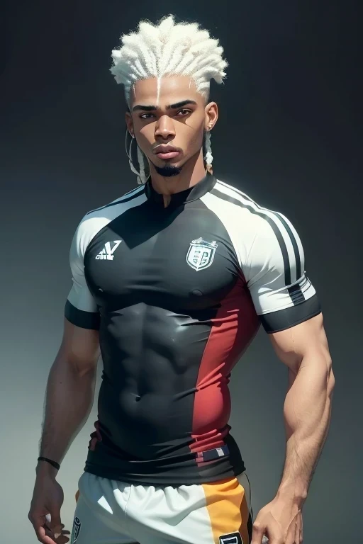 jogador de futebol, homem negro, cabelos brancos, white hair, white paint hair, Jeremy Sochan hairstyle, black skin, afro, small diamond earrings, afro american skin, black skin, negro, short afro hair, white afro hair, shorter hair, cut hair