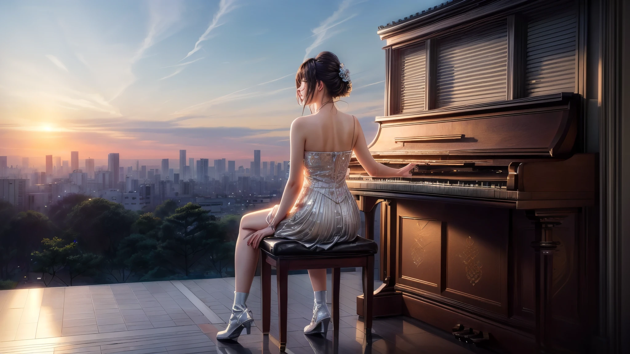 With detailed Tokyo cityscape in the background。There was a woman sitting at the piano gazing at the sky.、In the afternoon light、Beautiful magnificent clouds、There is a beautiful sky。There is sunlight between the clouds。The front of the piano and the parts underneath her chair are shining in the sunlight.。She is sitting with her boots off。 highest quality, Real, Photorealistic, highest quality, masterpiece, Very delicate and beautiful, Very detailed, Fine Details, Ultra-detailed, High resolution, Very detailed, Real, Ultra high definition, highest quality, Ultra high definition, High-resolution textures