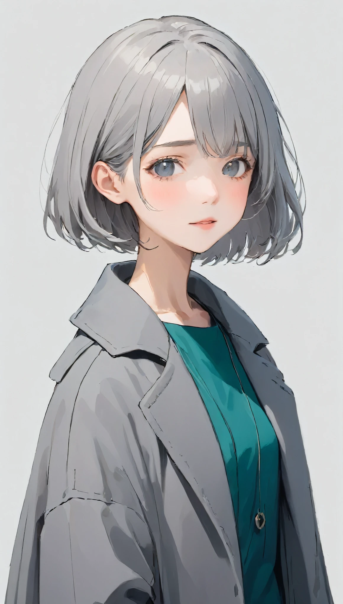 【highest quality, Tabletop】 [girl, coat, Expressionless, Positive, Grey Hair, Slender beauty,Straight Hair, short hair ,Upper Body] (Gray white background:1.5),No smiles,