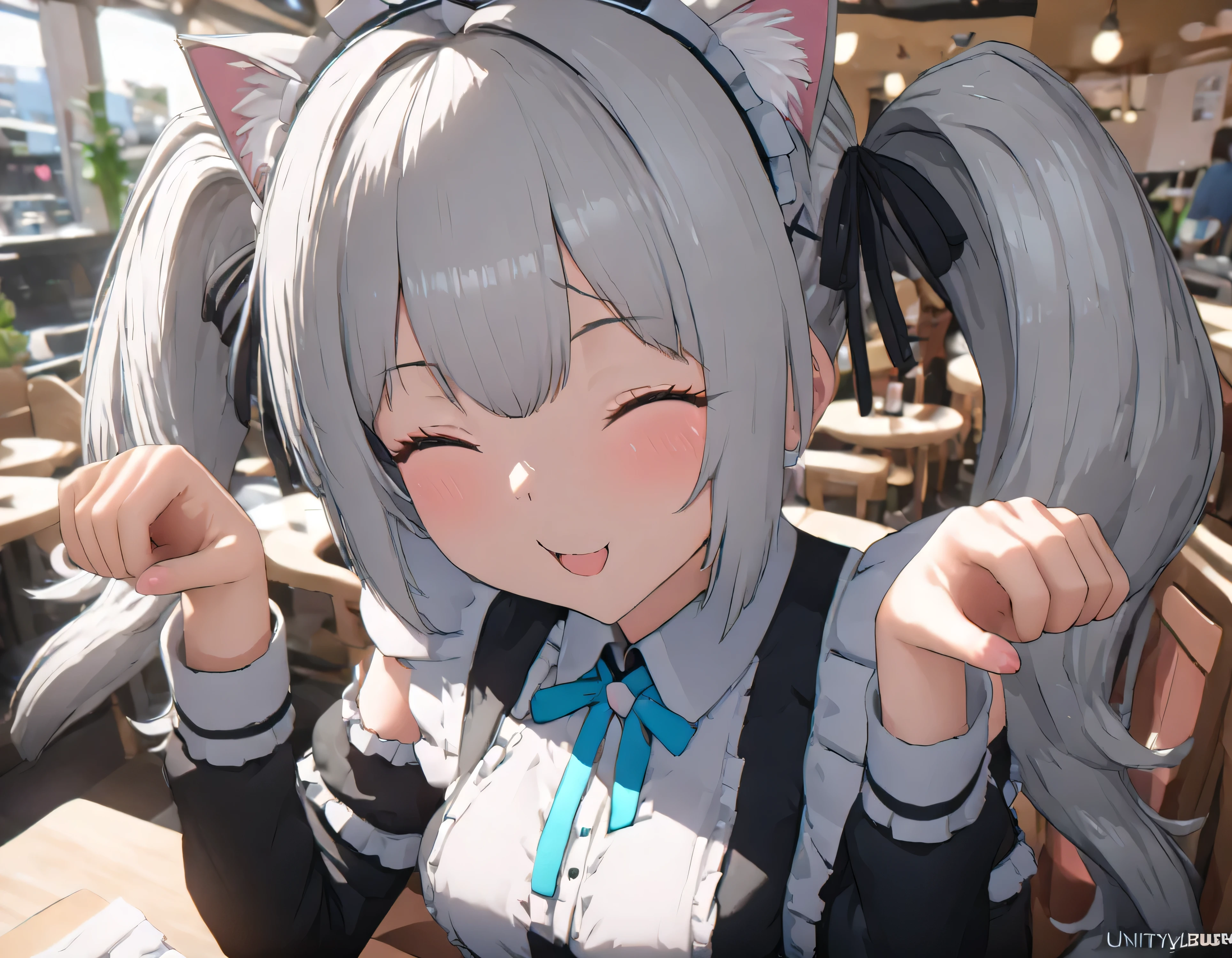 (((best quality ultra-detailed,unity 8k))),1 girl,smile,close eye,,Shiny Hair,(((twin drill))),silver hair,(cat ear classical maid),maid Cafe,hand {fingers} paw pose {finger} hand,