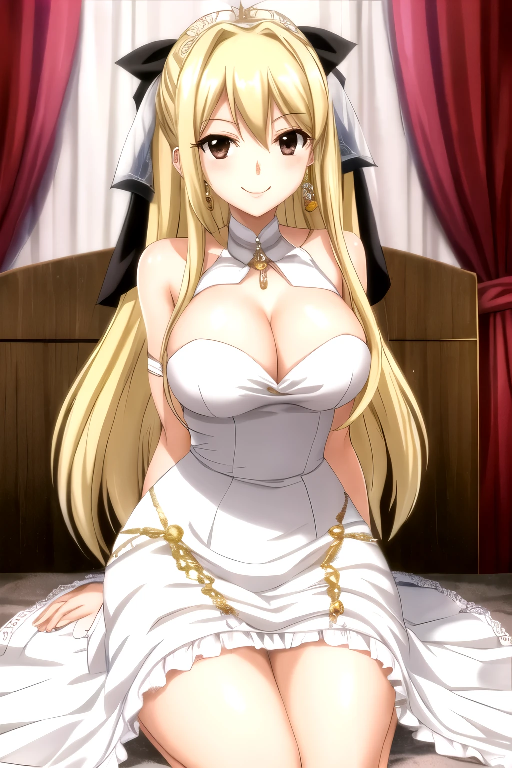 Lucy Hartfilia, 1 Girl, Solitary, Blonde hair, Brown eyes, Long hair, earrings, jewelry, Smile, hair black ribbon, wedding dress, bride, show underwear