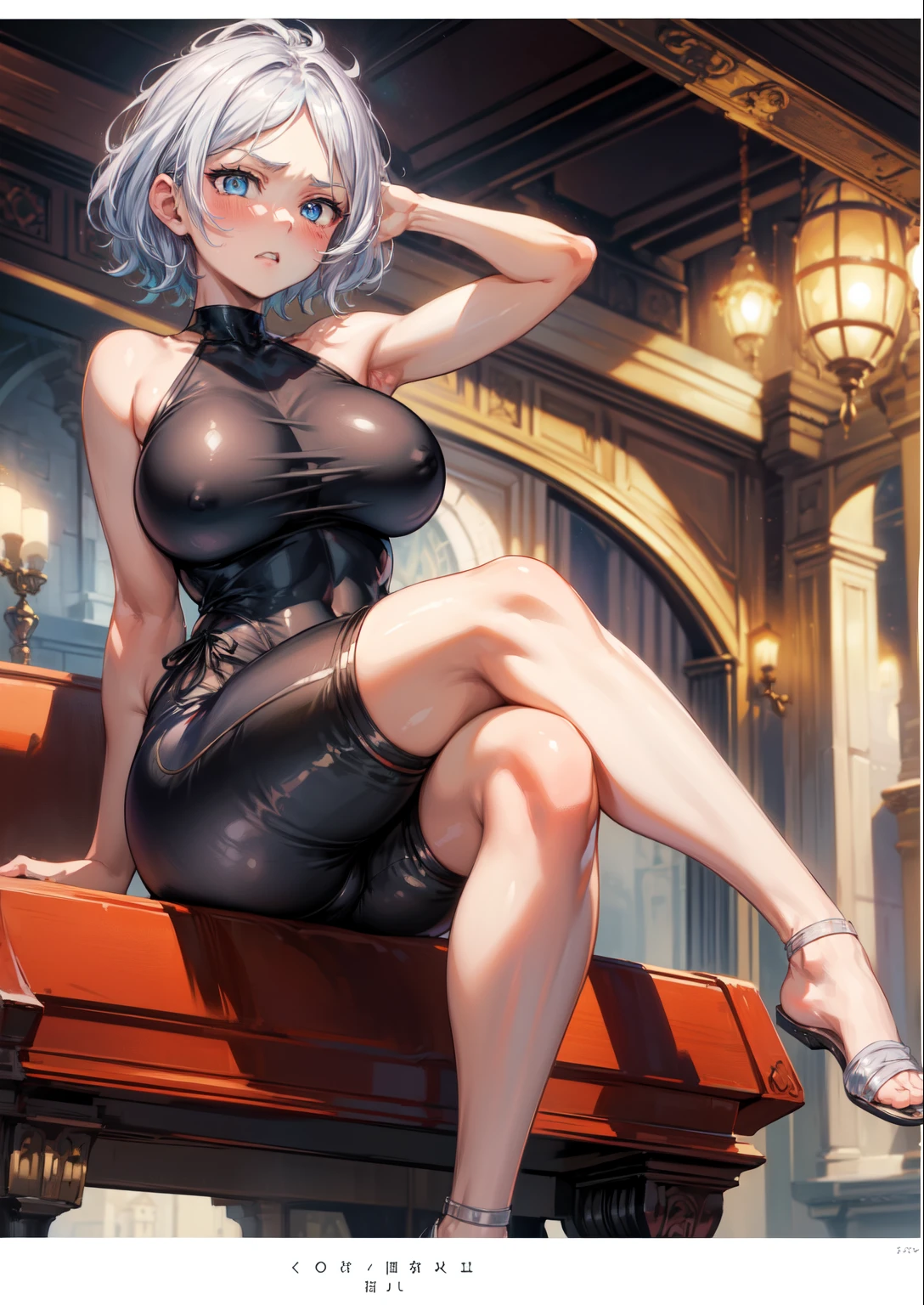 (Masterpiece, High Quality, Top quality, High-Detailed, Detailed CG, Cinematic Shadow, Cinematic Scene, Beautiful Detailed Eyes, Ultra Resolution, Depth of Field), Looking At The Audience, Looking Down, Looking At The Audience Below, (Blush Expression:1.2), (Angry Expression:1.2), (SFW:1.2), Blue Eye, Silver Hair, White Hair, Short Hair, Five Fingers, Good Composition, Arms, (Leotard:1.2), (Black Leotardi:1.0), (Leotard Bodysuit:1.0), Thicc Thighs, Thick, Large Breasts, Huge Breast, Dark Background, Blur Background, Castle Room, European Room