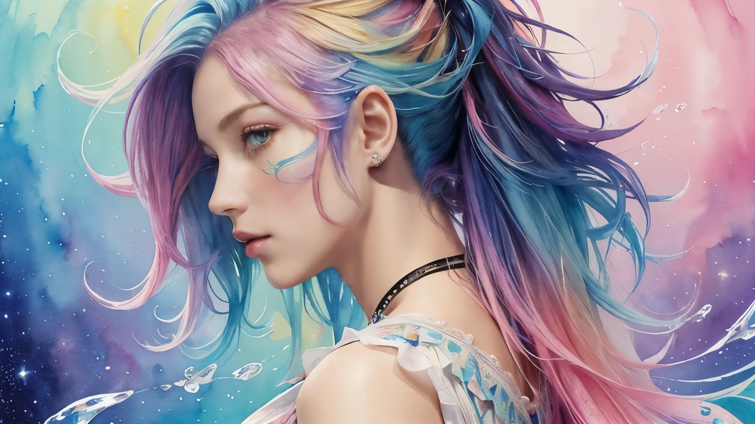 (masterpiece, top quality, best quality,watercolor (mitigate),official art, Beautiful and beautiful:1.2),(1 girl:1.3), (fractal art:1.3),Upper body, from the side, looking at the audience,pattern,(rainbow colored hair,colorful hair,half blue half pink hair:1.2),water,liquid, cloud,colorful, starry,Star,