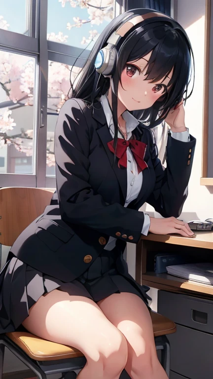 A beautiful black-haired high school girl studying at her desk while listening to music with headphones in her room、Blazer uniform、Outside the warmly lit room, cherry blossoms are blowing wildly.、Japanese anime style