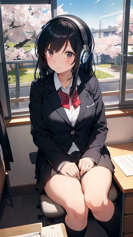 A beautiful black-haired high school girl studying at her desk while listening to music with headphones in her room、Blazer uniform、Outside the warmly lit room, cherry blossoms are blowing wildly.、Japanese anime style