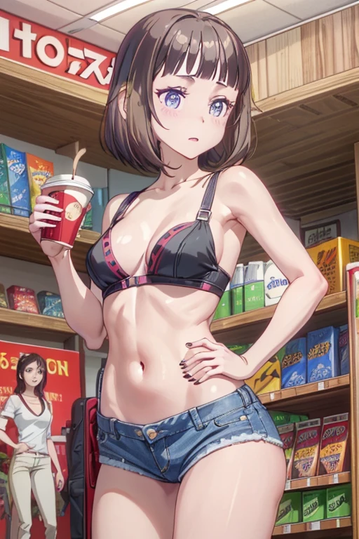 (masterpiece, Best Quality, ultra-detailed, high resolution, extremely detailed CG, official art, Professional Lighting, Perfect Anatomy, anime colors), (from below), looking at viewer, cowboy shot, perfect body, 24yo beautiful 1girl, medium hips, glamorous body,a small face,beautiful-makeup,Makeup light,Shortcut Hair,dark brown hair、Bust b Cup, Amazing Cleavage, thin waist, big ass, Raised sexy, big breast: 1.2 posed cleavage:1.2, (off shoulders,Sportsbra,legginullnude), micro denim shorts, bare legs, nail_polish, pale skin, Waiting friend, (morning:1.5), tokyo, (convenience store:1.3), outdoor, (depth of field:1.3), contrapposto, (Hold a coffee in your hand:1.3),delicate beautiful face, Bright magenta eyes, cute eyes, sparkling eyes, Big eyes, (big breasts:1.3), (perky chest:1.1), (pointed chest:1.3), looking at viewer,