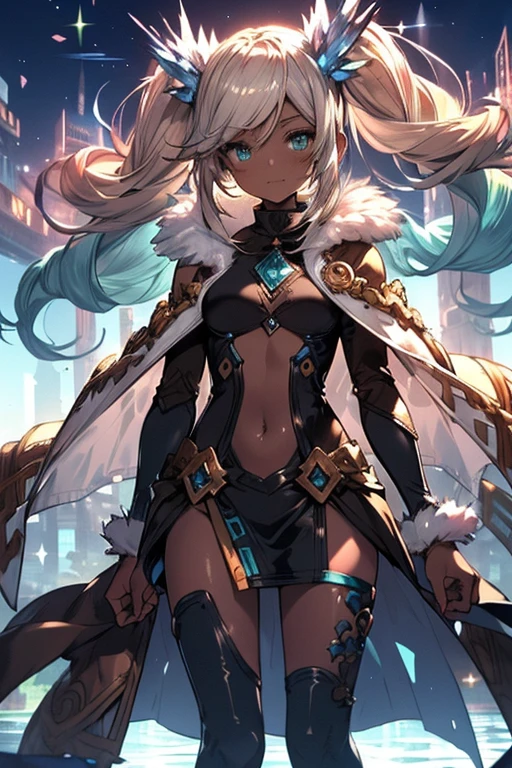 Iooiklas,Platinum Blonde Hair,Twin tails, hair ornaments, White Dress, Black knee socks, 
Removable sleeves,Complex eyes,Beautiful fine details,Symmetrical eyes,Big eyes:1.5,Seductive eyes, 
(((dark skin,dark_skin,lustrous skin:1.5,bright skin: 1.5,
skin tanned,shiny skin,very shiny skin,Shiny body,plastic glitter 
skin,exaggerated shiny skin,illuminated skin))),
(,Detailed body,(Detailed face)), cute,Lewd,erotic,Bold,Camel toe revealing outfit,show skin,(((Sexy aqua fur coat, Aqua fur coat outfit,
 wearing a Ice Dress:1.3,aqua 冬 coat))), ((Ice Dress,elegant Ice Dress)),
(White gloves,White clothes,(((Complex outfit,Complicated clothes,Embroidered costume,Glamorous costumes,Embroidered clothes,
Glamorous clothing))),skinsuit, Bodysuits, pantyhose,
High resolution,Sharp focus,(Super detailed,Very detailed),(Very detailed CG unity 8k wallpaper),
(((Vibrant colors))),Beautiful night sky, Meteors,Sit with one knee raised,Boldに足を開く,Shy laugh,