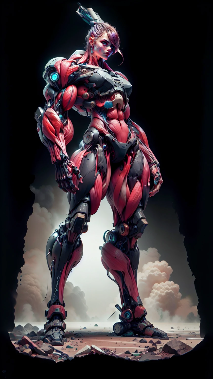 (1 girl), (cara delevingne), (muscular android girl wearing a black anatomic cybernetic muscle suit:1.25), (wide shoulders:1.25), (muscular defined physique:1.25), perfect hands, long hair, large breasts, high resolution image, extreme detail, blank background