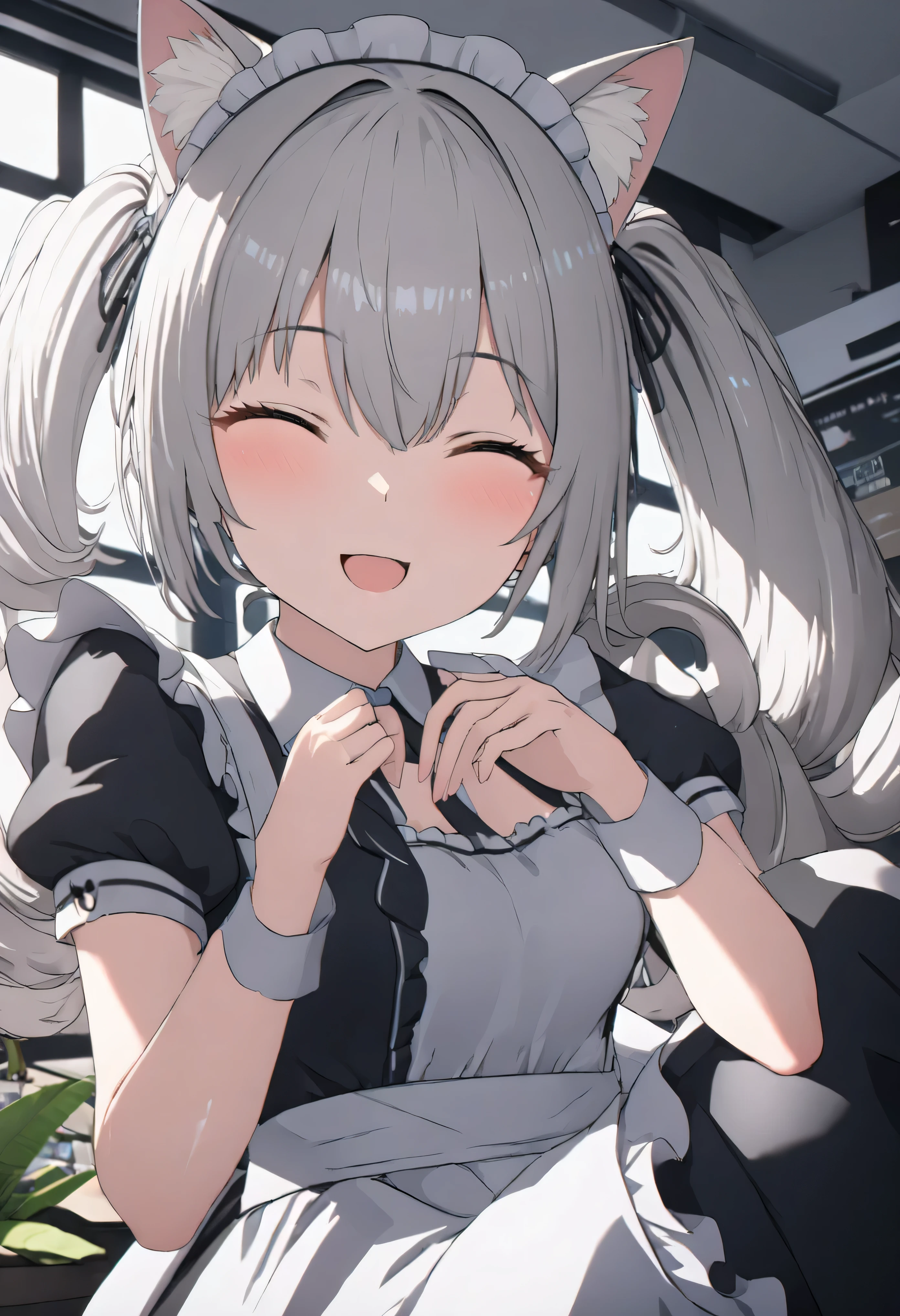 (((best quality ultra-detailed,unity 8k))),1 girl,smile,close eye,,Shiny Hair,(((twin drill:1.3))),silver hair,(cat ear classical maid),maid Cafe,