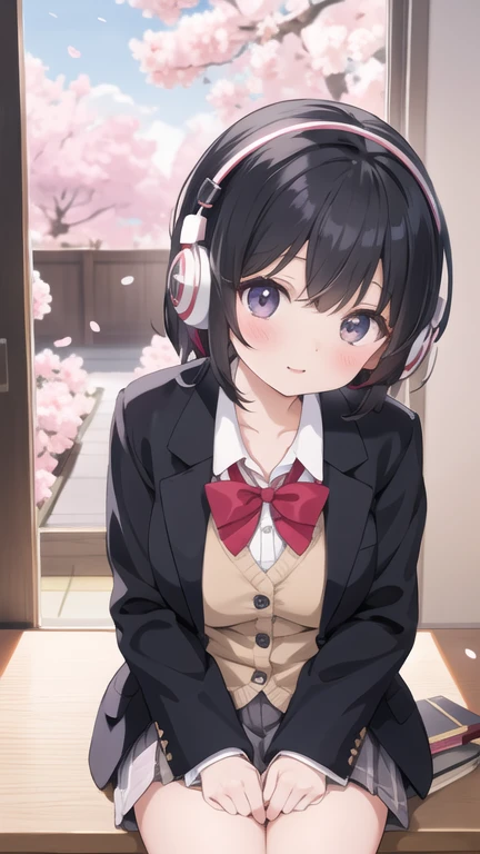 A beautiful black-haired high school girl studying at her desk while listening to music with headphones in her room、Blazer uniform、Outside the warmly lit room, cherry blossoms are blowing wildly.、Japanese anime style