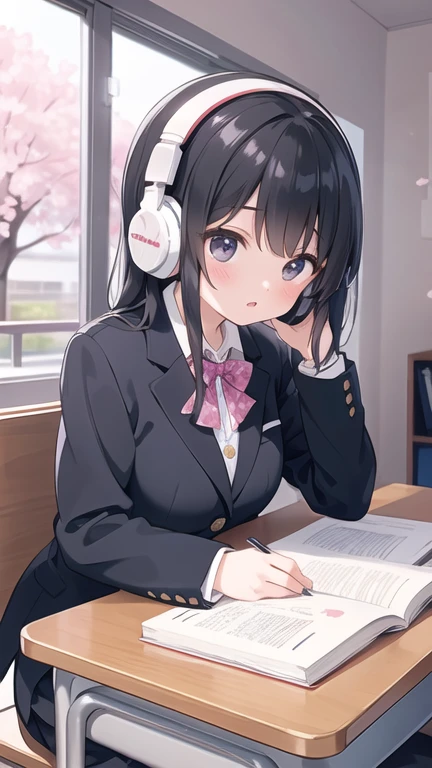 A beautiful black-haired high school girl studying at her desk while listening to music with headphones in her room、Blazer uniform、Outside the warmly lit room, cherry blossoms are blowing wildly.、Japanese anime style