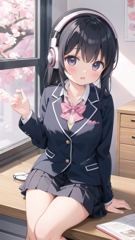 A beautiful black-haired high school girl studying at her desk while listening to music with headphones in her room、Blazer uniform、Outside the warmly lit room, cherry blossoms are blowing wildly.、Japanese anime style