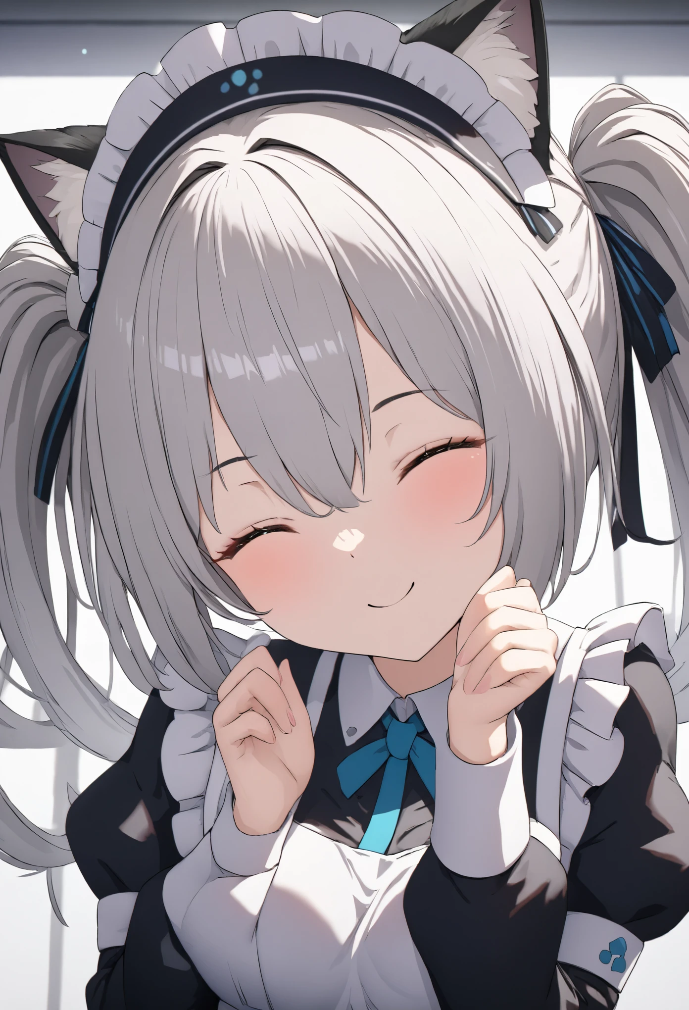 (((best quality ultra-detailed,unity 8k))),1 girl,smile,close eye,,Shiny Hair,(((twin drill:1.3))),silver hair,(cat ear classical maid),maid Cafe,