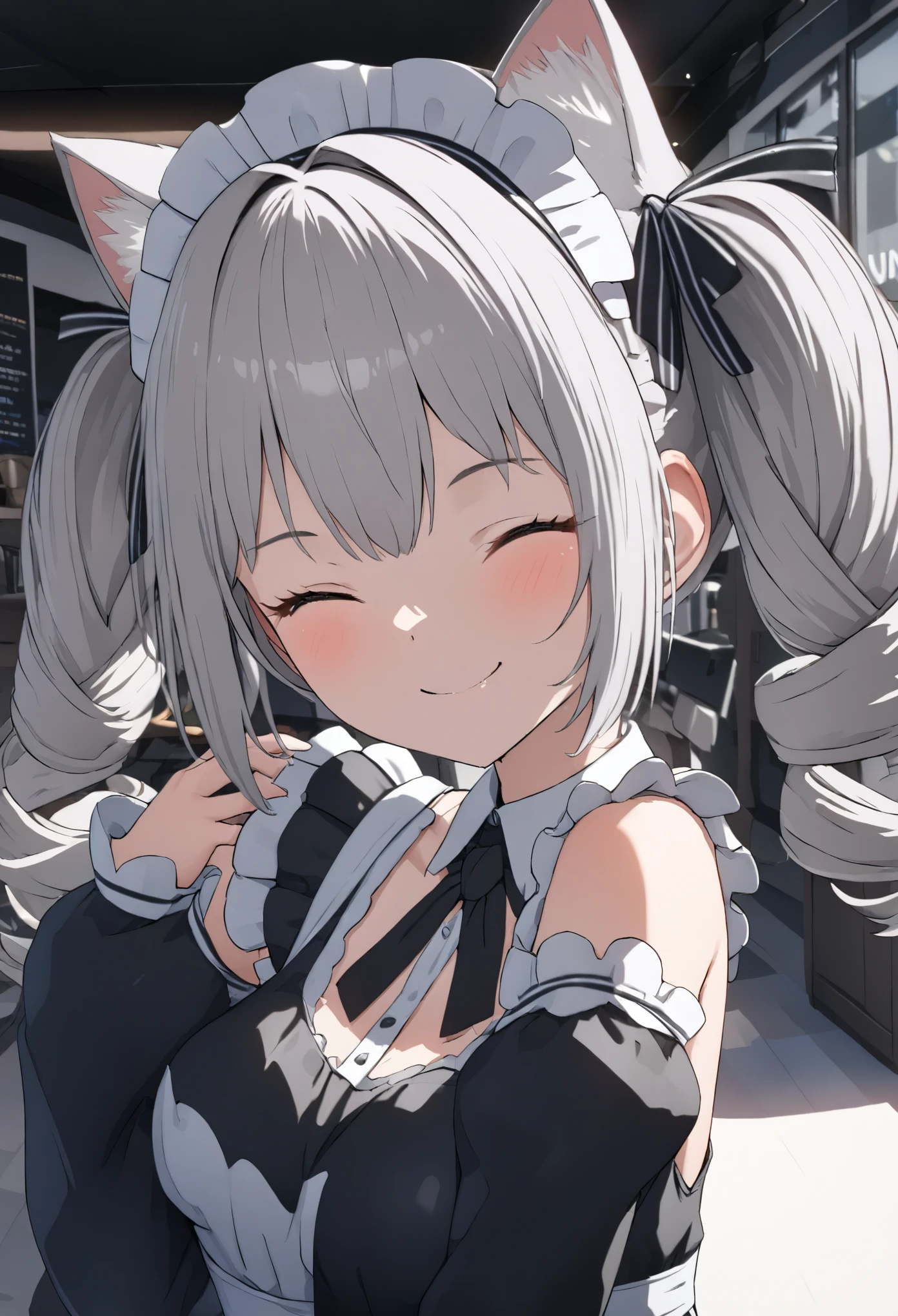 (((best quality ultra-detailed,unity 8k))),1 girl,smile,close eye,,Shiny Hair,(((twin drill:1.3))),silver hair,(cat ear classical maid),maid Cafe,