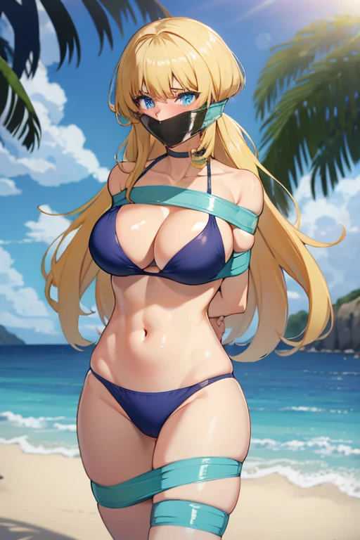 1 girl, blue detailed eyes, Long blonde hair, improvisierter Knebel, Klebebandknebel, GEKNEBELT, Klebeband, festgebunden, Arms behind the back, gefesselte Arme, white bikini, blushing, Tape gag, Standing, beach in the background, big , nahe Kamera perspektive, very Long Hair tucked in the gag