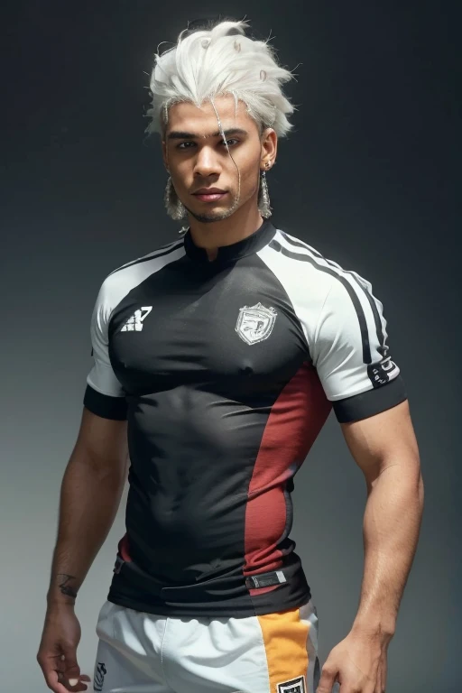 jogador de futebol, homem negro, cabelos brancos, white hair, white paint hair, Jeremy Sochan hairstyle, black skin, afro, small diamond earrings
