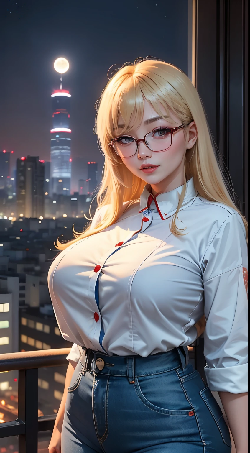 Chinese Idol ((A MILF)) Blonde with bangs ((eye glass)) bright red lips White button shirt ((Blue Denim Pants)) bbw Flushed cheeks ((The rooftop of a high-rise building with a beautiful night view of Osaka)) Portrait Looking at the camera ((Dressing)) Sultry and sweaty shiny face Glossy lips Best Quality masterpiece sexy smiling Facing the front Hair fluttering in the wind posterior view Turn around and look at us With Tsutenkaku Tower and the Moon in the background