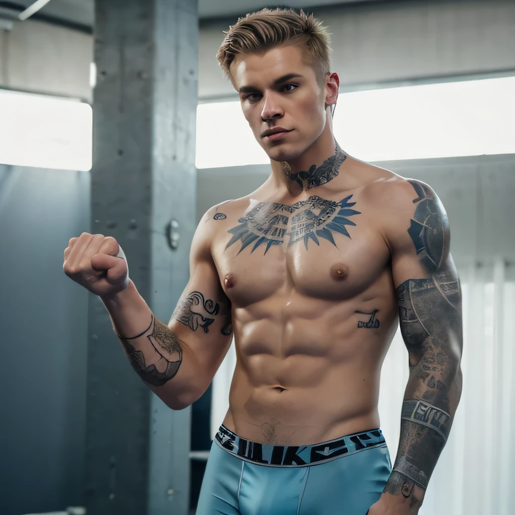 Full scale, whole body, full length, full body head to toe portrait of young mid 20's, skinny ripped male wwe wrestler with arm sleeve tattoos, neck tattoo and chest tattoo, short blonde hair and light blue eyes, and wearing his dark blue and silver wrestling style trunks, holding hand up to camera. Ultra-realism, Hyperrealism