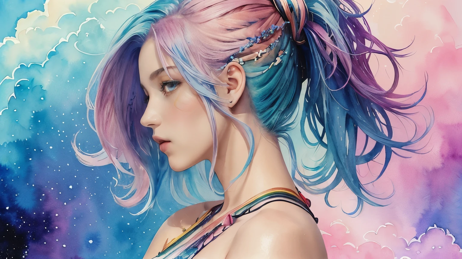 (masterpiece, top quality, best quality,watercolor (mitigate),official art, Beautiful and beautiful:1.2),(1 girl:1.3), (fractal art:1.3),Upper body, from the side, looking at the audience,pattern,(rainbow colored hair,colorful hair,half blue half pink hair:1.2),water,liquid, cloud,colorful, starry,Star,