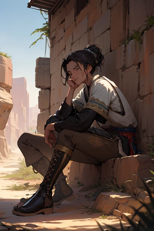 "Create a cartoon of Luzia, the main character of the novel 'Luzia o Homem', which takes place during the drought in the Northeast in 1878. Luzia must be wearing clothes typical of the time, with dark leather clothes traditional for the region, such as Gibbon. She must have long, dark hair, tied in a simple hairstyle, with an expressive, striking face and suffering looking towards the horizon.
In the image, Luzia must be sitting in a position similar to the 'Cà d'Oro' sculpture. She must have a thoughtful posture, but at the same time graceful and serene. The composition must evoke the atmosphere of resistance and resilience, characteristics of the character and the region in the midst of drought. The background of the illustration may suggest the arid environment of the Northeast, with elements such as dry vegetation or desert landscapes."