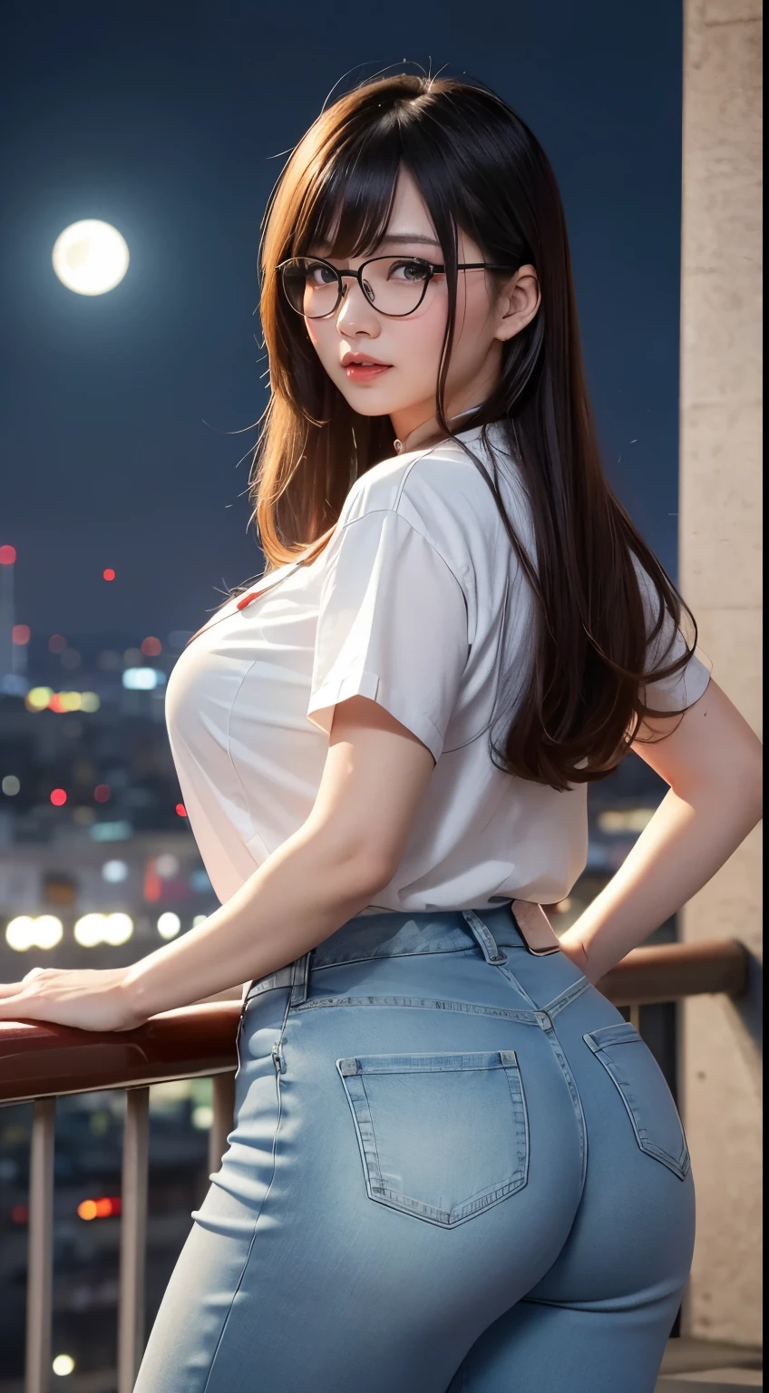 Chinese Idol　((A MILF))　Blonde with bangs　((eye glass))　bright red lips　White button shirt　((Blue Denim Pants))　bbw　Flushed cheeks　((The rooftop of a high-rise building with a beautiful night view of Osaka))　Portrait　Looking at the camera　((Dressing))　Sultry and sweaty shiny face　Glossy lips　Best Quality　​masterpiece　sexy smiling　Facing the front　Hair fluttering in the wind　posterior view　Turn around and look at us　With Tsutenkaku Tower and the Moon in the background　Gravure photoshoot　Back view　Turn around and make eye contact