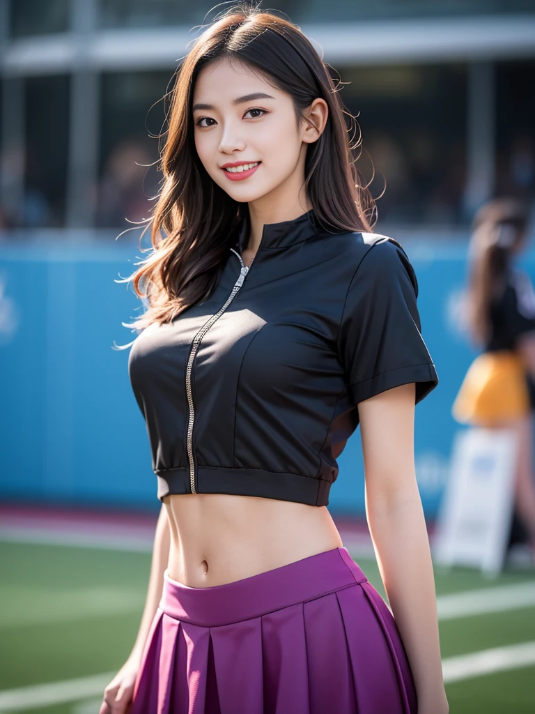 4k ultra hd, masterpiece, best quality, a girl, sports girl, happy, good face, smile, detailed eyes, detailed lips, very long hair, Multicolor floating hair, slim body, medium breasts, tight abs, narrow waist, purple costume, short sleeves, cropped top, opened jacket, black jacket, skirt, sitiitng, dark shadow, bright sunshine, stadium background,