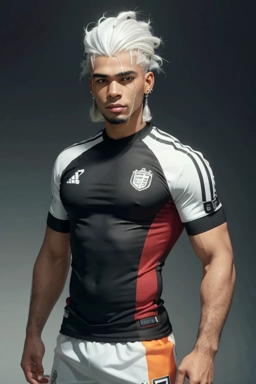 jogador de futebol, homem negro, cabelos brancos, white hair, white paint hair, Jeremy Sochan hairstyle, black skin, afro, small diamond earrings