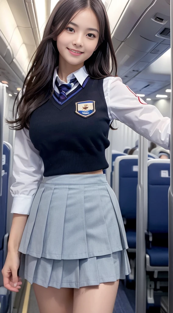 （highest quality, masterpiece, 8k, 超A high resolution）, (Photorealistic:1.4), One Girl、（Beautiful Face、Symmetrical eyeedium breast）、Perfect Body Proportions、（JR Uniforms）、Look at the viewers、(Inside the plane:1.2)、View from the front、shoulder、Absolute area(1.3)、（Laughter）　（JR Uniforms）、　 ((mini skirt:1.3)) 、Sexy pose、((（JR Uniform）))
