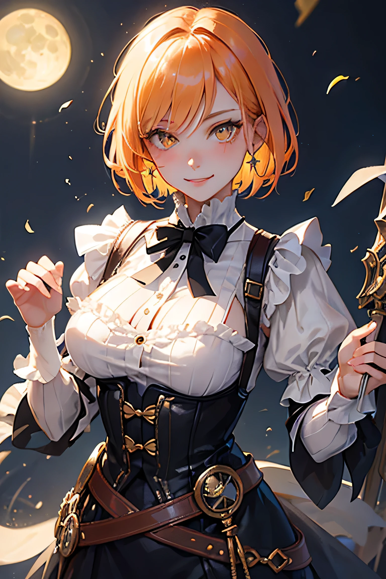 masterpiece, highest quality, so beautiful、up to date、girl, Orange Hair, short hair, Yellow Eyes、Wicked Smile、Wicked Smile,Shining Eyes、Super nice adult woman in monochrome British aristocrat fantasy costume、Combat pose、Face close-up、Decoration、Be confident々、Have、steampunk、Black Butler、sebastian michaelis、look up、nice、Moonlit Night、disdain