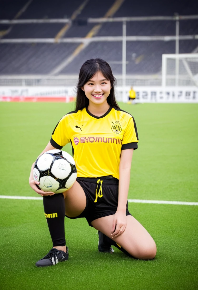 young Asian girl 20 yrs old. beautiful wearing((Jersey )) football shirt from the Borussia Dortmund football club with yellow and black stripes & wearing short training trousers. Smiling. long black brown hair. sitting pose holding the ball, in a magnificent stadium.