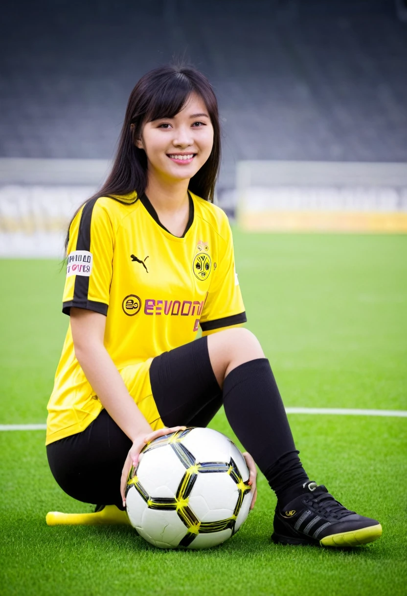 young Asian girl 20 yrs old. beautiful wearing((Jersey )) football shirt from the Borussia Dortmund football club with yellow and black stripes & wearing short training trousers. Smiling. long black brown hair. sitting pose holding the ball, in a magnificent stadium.
