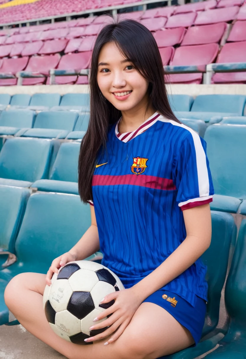 young Asian girl 20 yrs old. beautiful wearing a football shirt from the Barcelona football club with blue and dark red stripes. Smile. long black brown hair. sitting pose holding the ball, in the stadium
