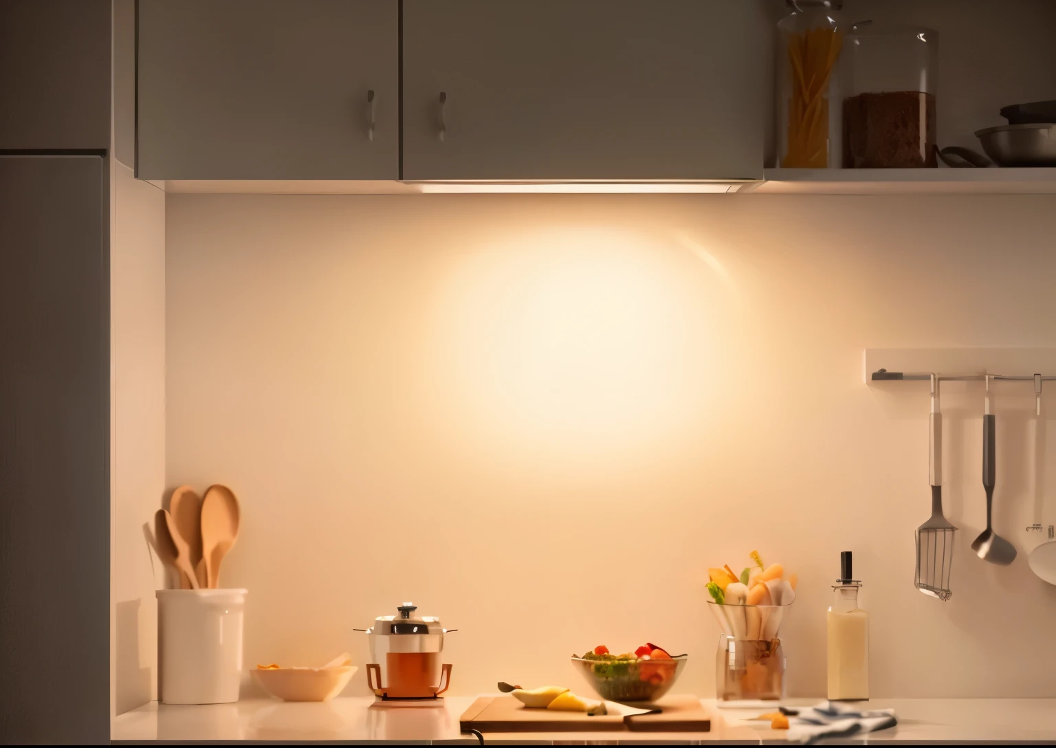 there is a kitchen with a counter and a bowl of food on it, bright ambient lighting, warm dynamic lighting, warm ambient light, warm ambient lighting, soft ambient lighting, direct warm lighting, ambient amber light, ambient lighting from top, gentle ambient lighting, soft warm lighting, dim accent lighting, dim ambient lighting, extremely good quality lighting, indoor lighting, warm lighting