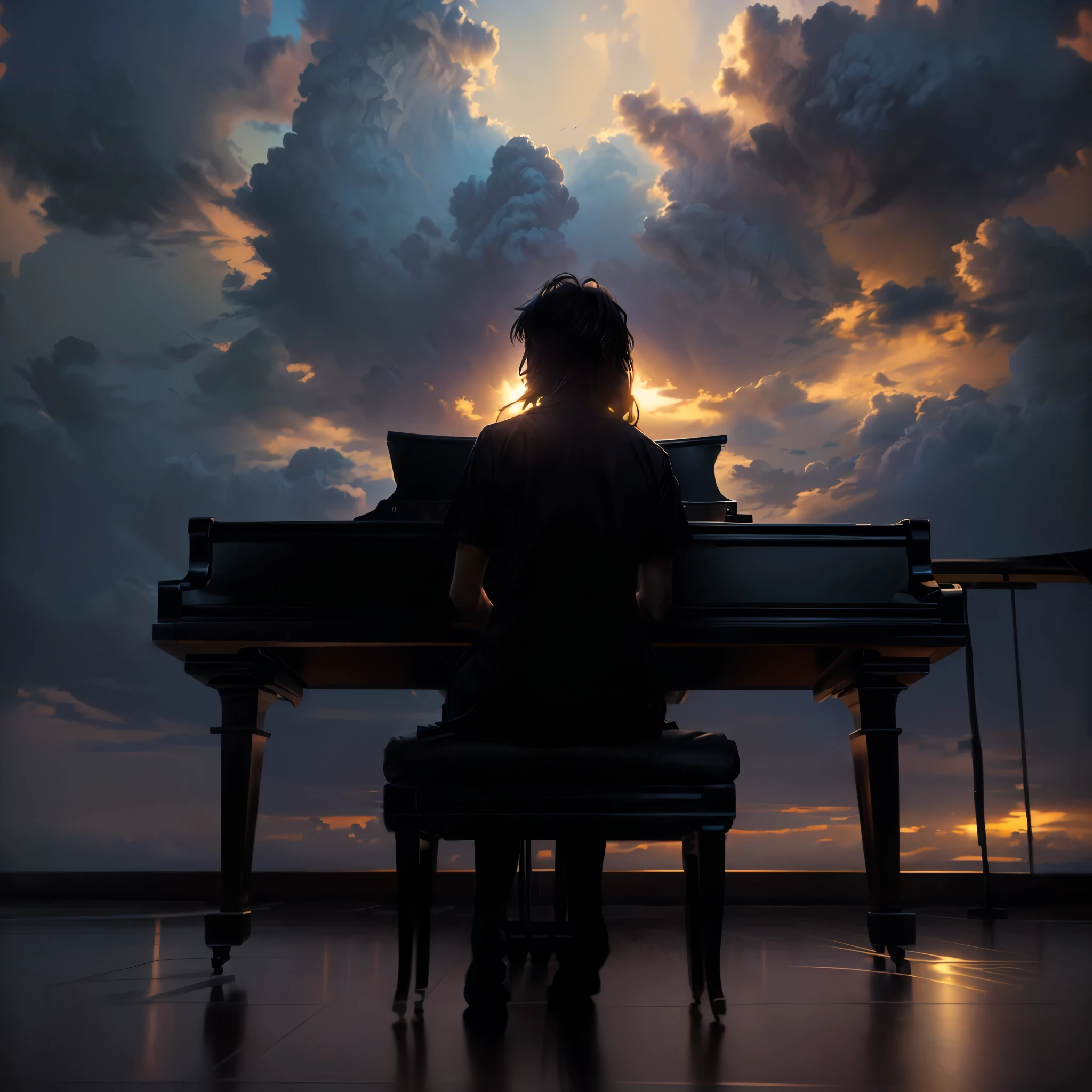 A man in his fifties sitting at the piano in front of a beautiful sky, pianist, Beautiful digital art, inspired by Michael Komarck, Great composition, Emotional concept art, Great composition, Surrounded by clouds and light, Brilliant light, A masterpiece of bright light, Great composition, God of Music, makoto shinkai cyril rolando, makoto shinkai. Digital Rendering