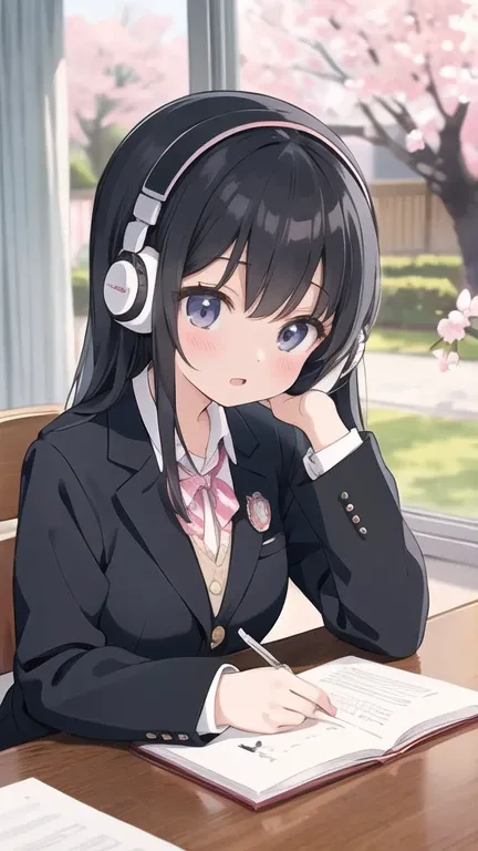 a beautiful black-haired high school girl sitting at her desk studying while listening to music on headphones in her room、blazer...