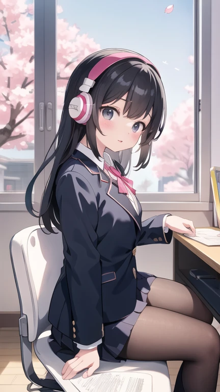 a beautiful black-haired high school girl sitting at her desk studying while listening to music on headphones in her room、blazer...